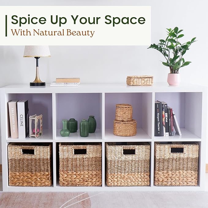 12x12 Storage Cube Bins Wicker Storage Basket for Cube Shelf, Natural Foldable Square Baskets for Storage, Large Woven Cube Storage Bin with Handle, Baskets for Pantry, Bedroom Set of 4