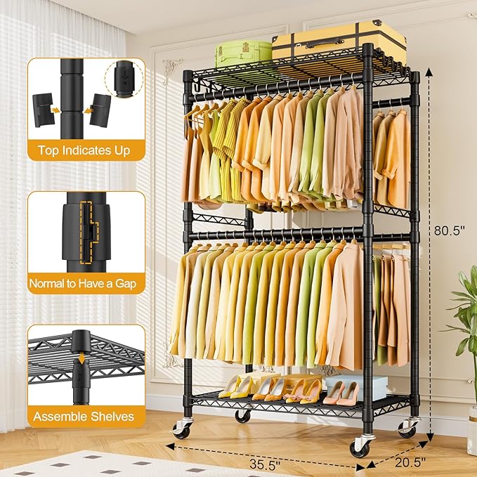 P4 Rolling Clothes Rack Heavy Duty, Clothing Racks for Hanging Clothes, Freestanding Garment Racks with Wheels, Metal Portable Closet Rack 35.5''W × 20.5''D × 80.5''H, Max Load 560Lbs, Black