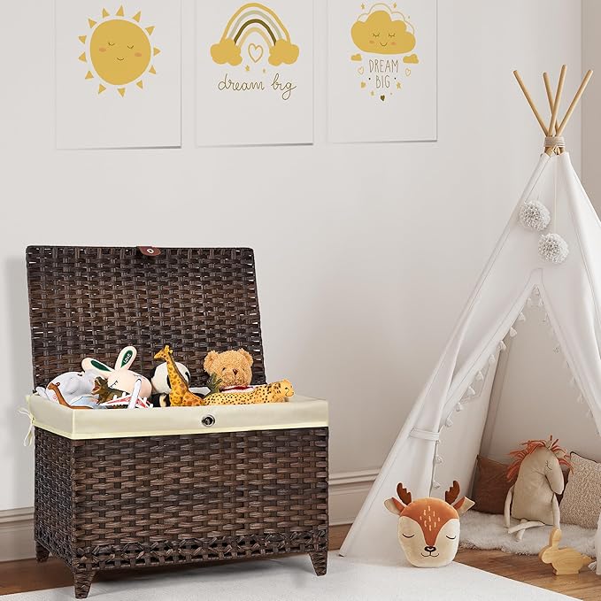 Wicker Storage Basket with Lid,Rattan Shelf Basket with Removable Liner Bag,160L Storage Bin,Storage Trunk with Heightened Feet,Storage Container for Wardrobe,Home Organizer