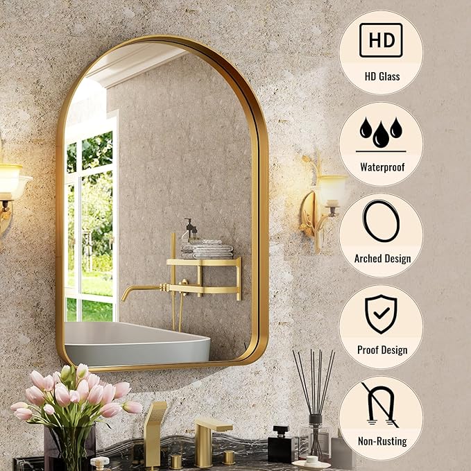 Arched Bathroom Mirror - 30x20 Inch Gold Bathroom Mirror for Wall - Aluminum Alloy Framed Mirror - Arched Top Bathroom Vanity Mirror for Living Room, Bedroom, Mantel, Entryway, and Hallways