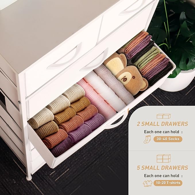 Tall Dresser for Bedroom, Vertical Storage Organizer Tower with 7 Drawers, Chest of Drawers with Fabric Bins, Steel Frame, Wood Top for Bedroom, Closet, Entryway- White