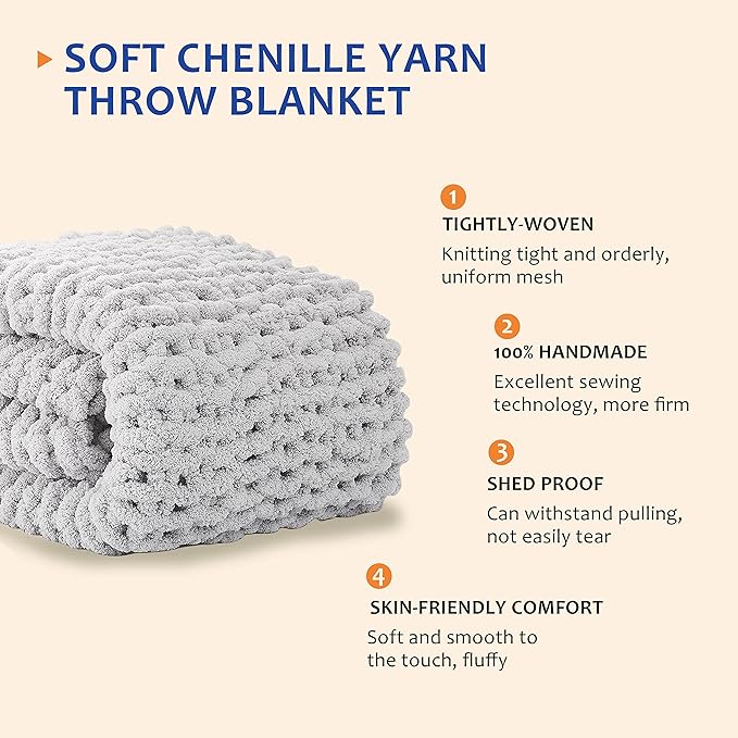 L'AGRATY Chunky Knit Blanket Throw: 72''x84'' Chenille Chunky Knitted Throw Blanket for Bed Couch - Handmade Thick Big Cable Knit Blanket - Large Chunky Crochet Rope Blanket for Home Decor(Grey)