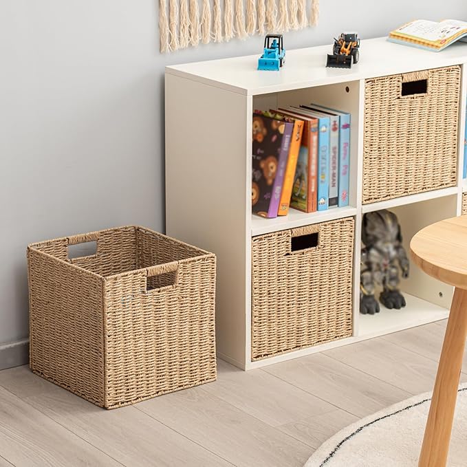 Handwoven Paper Woven Cube Basket Organizer with Handles set of 4 Foldable Storage baskets for Bedroom Living Room Cubby Storage Units for Clothes Books Toys (Natural, 13" L x 13" W x 13" H)