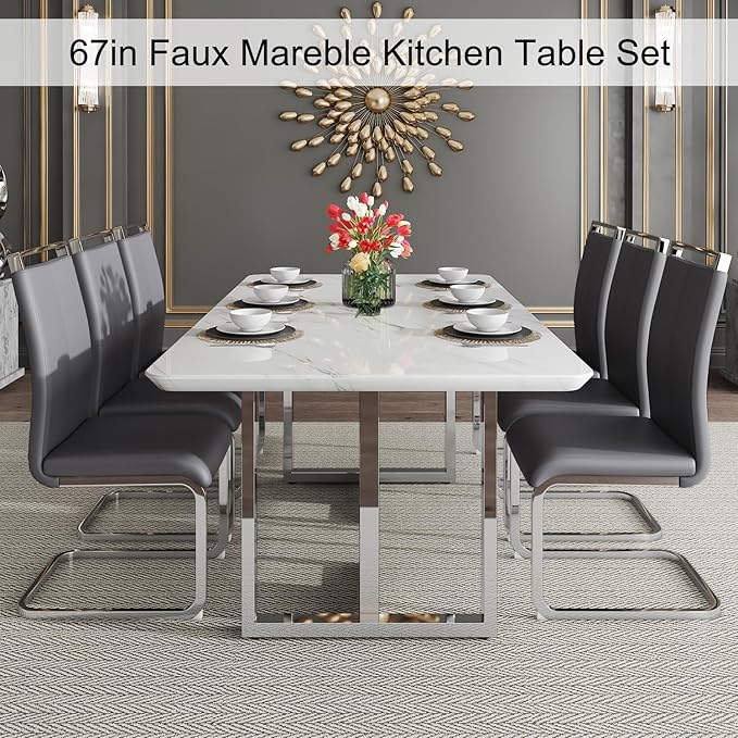 67'' Modern Dining Table Set for 6,White Kitchen Table Set,Luxury Dining Table Set with 1.8-inch Thick Faux Marble Table Top＆6 Pu Leather Upholstered Chairs Ideal for Dining kicken Room