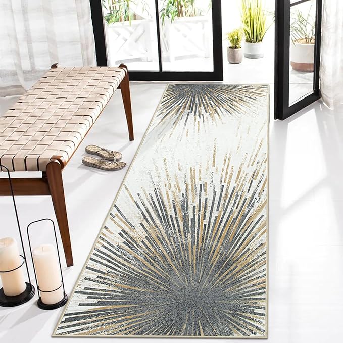 Lahome Modern 2.5x8 Rug Runners for Hallways Non Slip - Ultra-Thin Washable Kitchen Runners, Abstract Print Low-Pile Carpet Rug for Living Room Foyer Entryway (Gold/Gray, 2'5''x8')