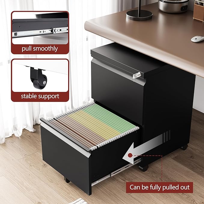 2 Drawer File Cabinet，Mobile Filing Cabinet with Lock and Wheels，Fully Assembled Metal Under Desk File Cabinets for A4/Letter/Legal Size（Black