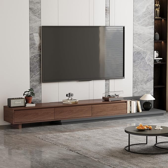 Mid-Century Modern Extendable TV Stand with Ample Storage for Living Room – Adjustable TV Cabinet from 78.7" to 130", 3-Drawer Entertainment Center, Walnut