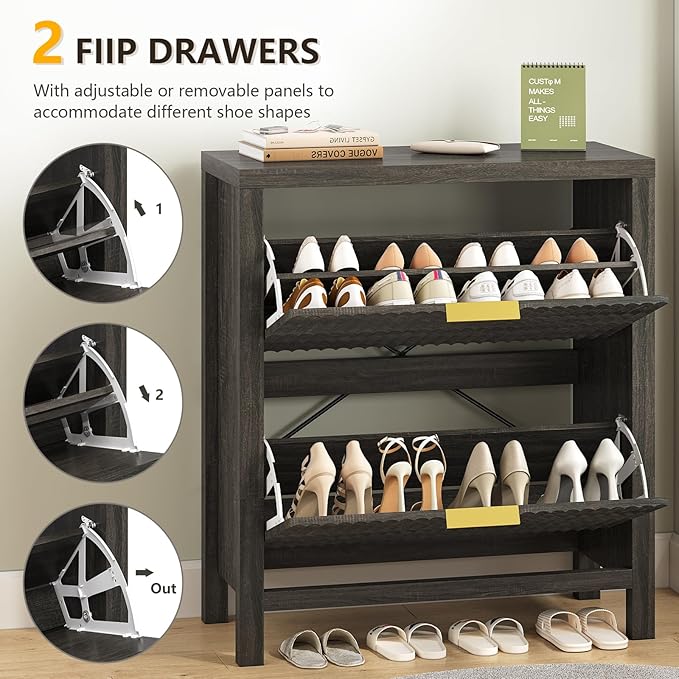 Shoe Cabinet Storage for Entryway, Fluted Shoe Cabinet with 2 Flip Drawers, Hidden Shoe Rack Tall Freestanding Shoe Organizer with Legs for Hallway, Dark Gray