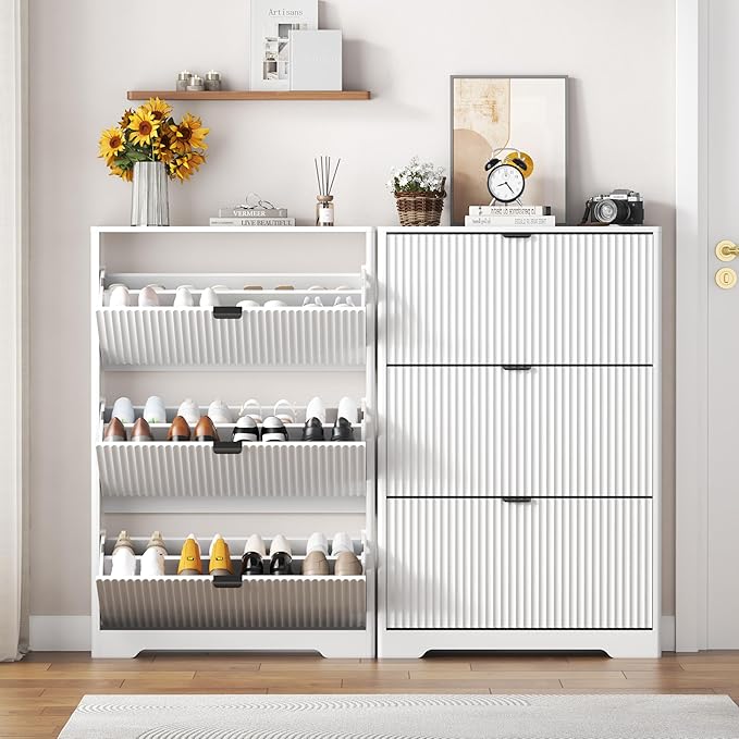 Shoe Cabinet Storage for Entryway with 3 Flip Drawers, White Fluted Shoe Cabinet with Adjustable Shelves, Wooden Hidden Shoe Rack Freestanding Narrow Slim Shoes Storage for Hallway, Entrance