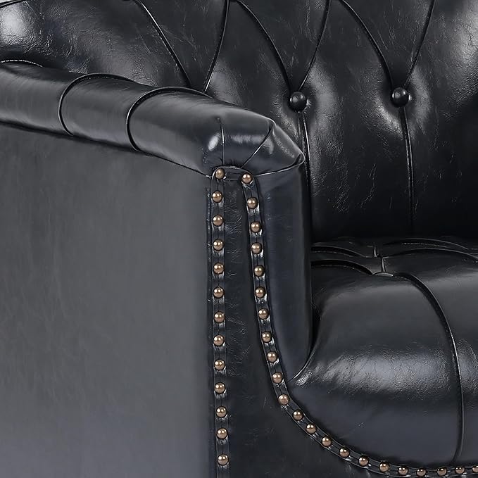 UIXE Faux Leather Accent Chairs Set of 2, Comfy Club Chair Upholstered Armchair for Living Room, Button Tufted Arm Chair Retro Single Sofa Side Reding Seat for Bedroom - Black Blue