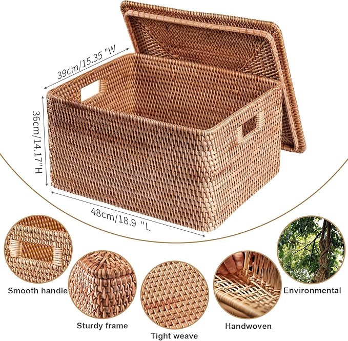 Rattan Basket With Lid, Large Lidded Basket For Storage(18.9" L×15.35"W×14.17"H)