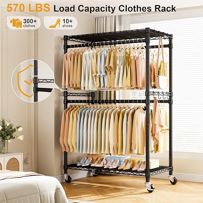 P4 Plus Rolling Clothes Rack Heavy Duty, Clothing Racks for Hanging Clothes, Free Standing Garment Racks with Wheels, Portable Closet Rack 45''W × 20.5''D × 80.5''H, Max Load 570 Lbs, Black