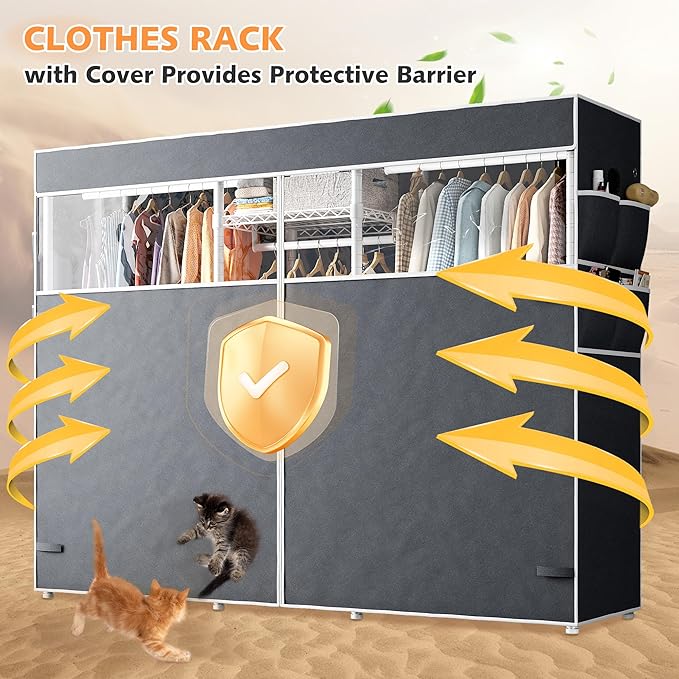 Raybee Clothing Rack with Cover Heavy Duty Clothes Rack with Shelves,Portable, Adjustable,Metal,Max Load 900lbs,White