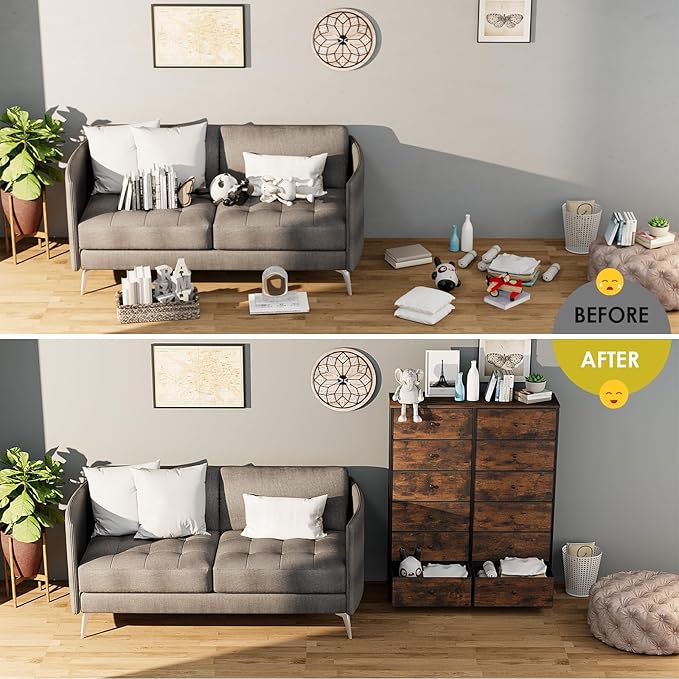 Arlopu 12-Drawer Dresser, 35.2’‘ Widened 6-Layer Fabric Storage Tower w/Textured Print Fabric Bins, Tall Chest Organizer Unit for Living Room, Hallway, Nursery, Closets, Adjustable Feetpad