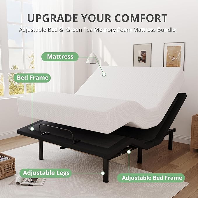 Split King Adjustable Bed Base Frame and 12 inch Green Tea Memory Foam Mattress, Electric Bed Base Wireless Remote, Zero Gravity Bed, Head and Foot Incline, Anti-Snore,Easy Assembly