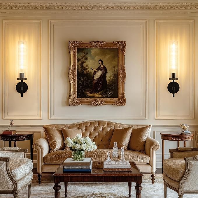 19.5" Knurled Brass Wall Sconces Set of 2, Black Gold Bathroom Vanity Light Fixtures with Vertical Striped Glass Tube, Modern Lamp Lighting for Bedroom, Living Room, Hallway, Staircase, Mirror