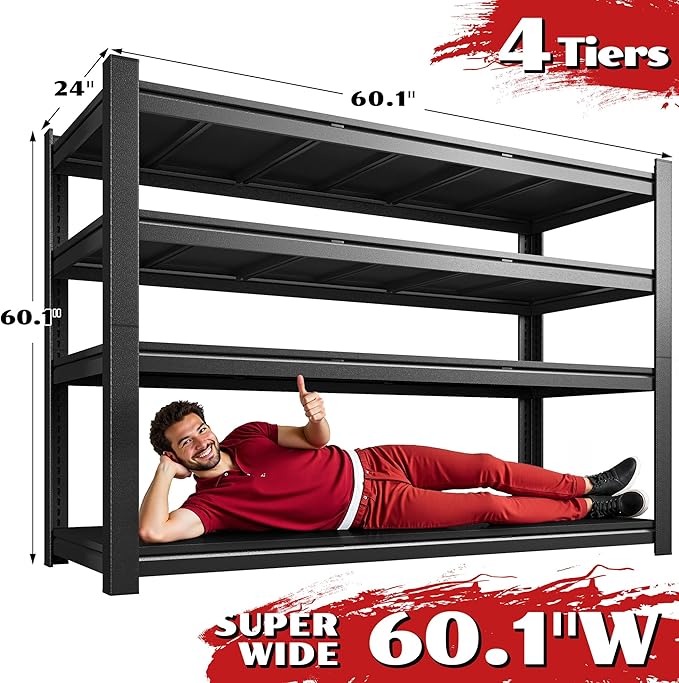 2500LBS Storage Shelves, 60.1" W Garage Shelving Heavy Duty, Adjustable Metal Shelving Unit, Storage Rack for Garage, Basement, Warehouse with Tool-Free Installation, 60.1" W x 24" D x 60.1" H