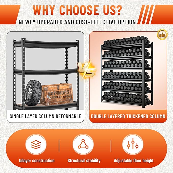 Heavy Duty Shelving 5-Tier Metal Shelves Unit 2500 lbs Capacity, Adjustable Garage Storage Racks for Warehouse Basement Garage, Easy Assembly, Size 45.3W x 19.7D x 63H