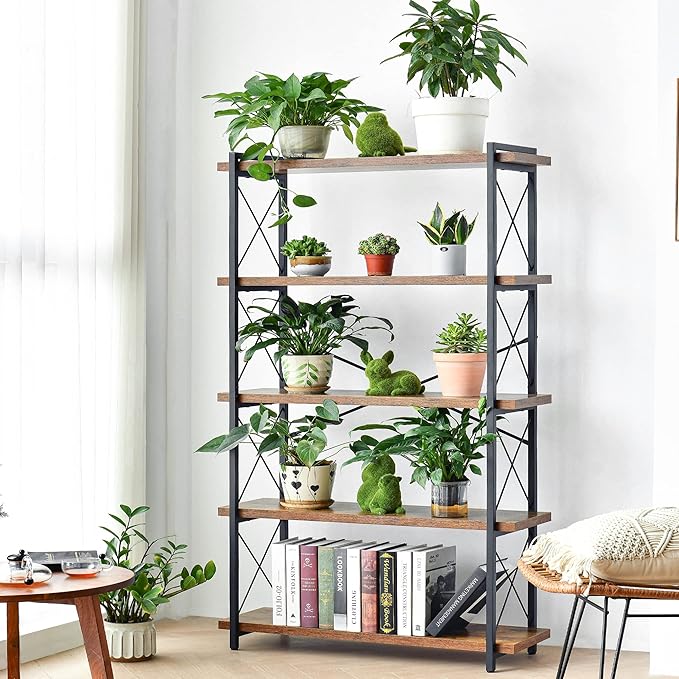 HCHQHS Bookshelf, 5-Tier Industrial Bookcase, Rustic Open Book Shelf, Freestanding Tall Bookshelves with Metal Frame
