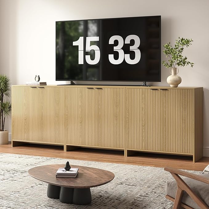 95" TV Stand for TVs up to 100",Modern Fluted TV Console with Storage Cabinet,Entertainment Center with 6 Doors & Adjustable Shelves for Living Room, Oak