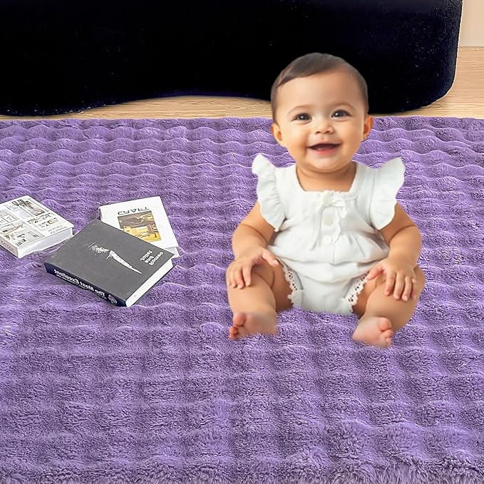 Purple Rabbit Plush Area Rug for Bedroom Living Room Sofa,3'X5' Faux Fur Fluffy Shaggy Rectangular Square Rug for Kids Teen Girls Room,Furry Carpet Rug for Nursery Baby Room Decor for Teenage