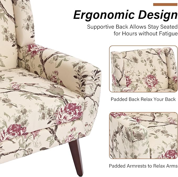 Accent Chair, Modern Fabric Armchair for Living Room, Comfy Upholstered Arm Chair Tufted for Indoor Bedroom Office Room (Pattern Floral)