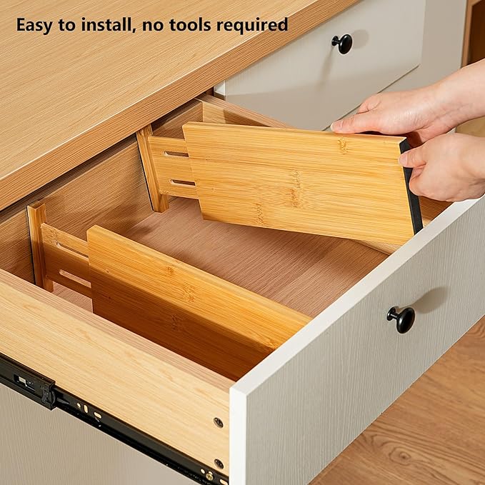 Fabsome Dresser Drawer Organizers 6 Pack, 4.65'' High Adjustable from 12.5-17‘’ Bamboo Drawer Dividers for Clothing Baby Clothes, Wooden Separators for Dresser Nursery Organization with Soft Foam Ends