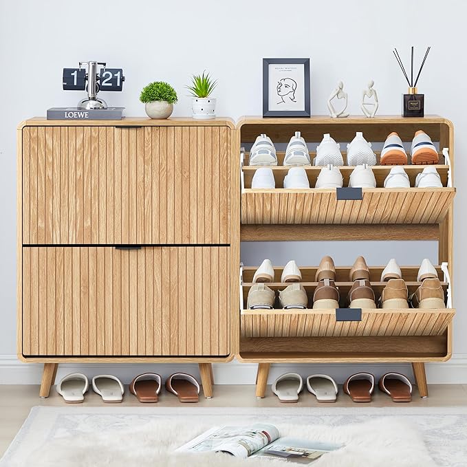 Narrow Shoe Cabinet for Entryway, Fluted Shoe Cabinet Storage with 2 Flip Drawers, Slim Shoes Rack Organizer (Natural)