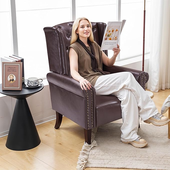 MOJAY Mid-Century Modern Living Room Chairs Set of 2, Upholstered Faux Leather Accent Chairs Club Arm Chair, Single Sofa Chair with Solid Wooden Legs for Bedroom Study Home Office Lounges(Caramel)