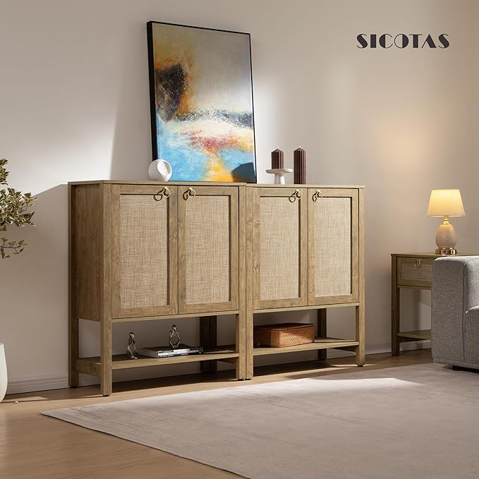 SICOTAS Shoe Storage Cabinet for Entryway - 5 Tier Rattan Entry Shoe Organizer Cabinet with Shelves & Doors, 2 Pieces Farmhouse Boho Shoe Rack for Hallway, Living Room, Closet (Carbon Cherry)