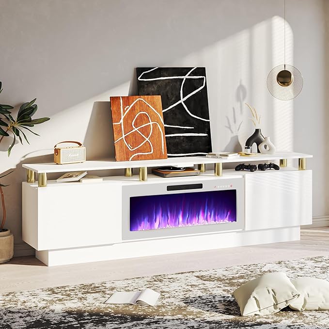 80" Modern Fireplace TV Stand with 36" Electric Fireplace for TVs Up to 90 inch, Luxury LED Light Entertainment Center with High Gloss Cabinet, White + Silver Posts with White Fireplace