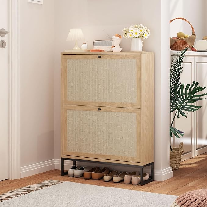 Shoe Cabinet with 2 Flip Drawer Drawer, Modern Shoe Organizer Freestanding Shoe Cabinet Storage, Shoe Storage Shoe Rack for Closet with Linen Doors Drawer in Hallway, Entrance (Natural)