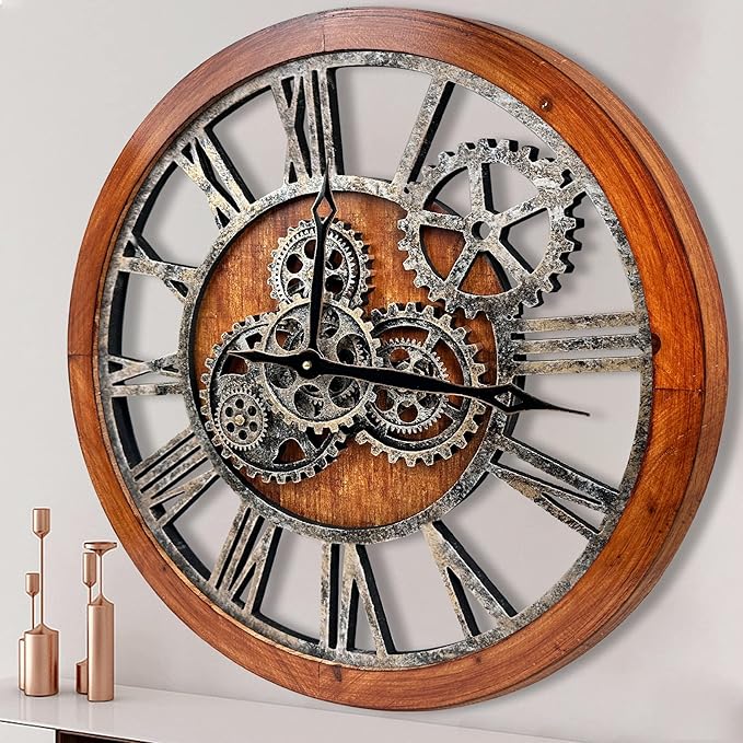The B-Style Large Wall Clock 24 inch Moving Gear Wall Clock Oversized Vintage Farmhouse Wall Clocks for Living Room Decor Rustic Industrial Wood Clock (Brown and Bronze)
