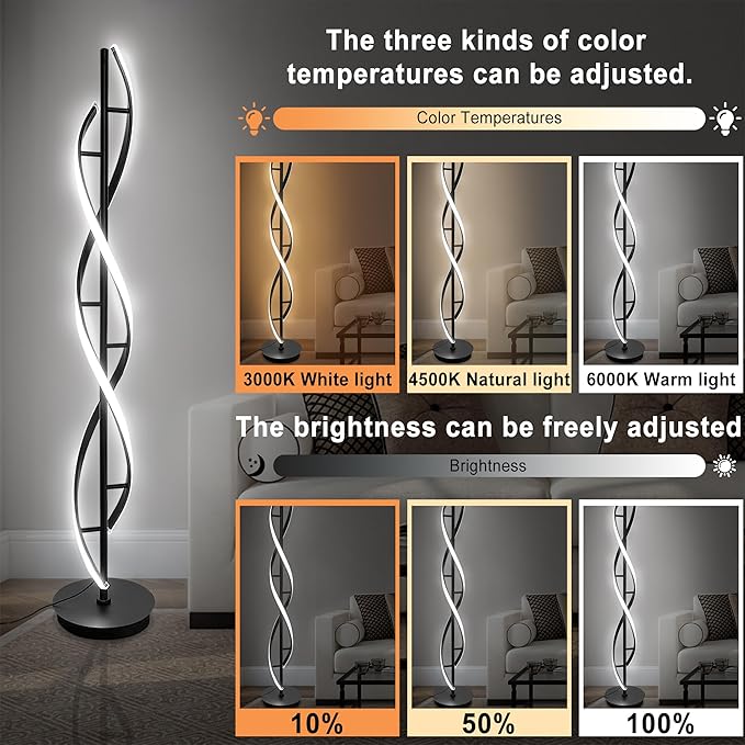 53" Spiral Floor Lamps for Living Room,36W Modern LED Floor Lamp with Remote Control, Dimmable Color Temperature and Brightness,Bright Standing Lamp for Living Rooms