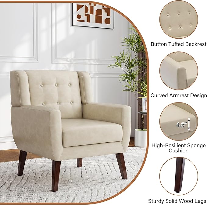 Accent Chair, Modern Faux Leather Armchair for Living Room, Comfy Upholstered Arm Chair Tufted for Indoor Bedroom Office Room (P Cream)