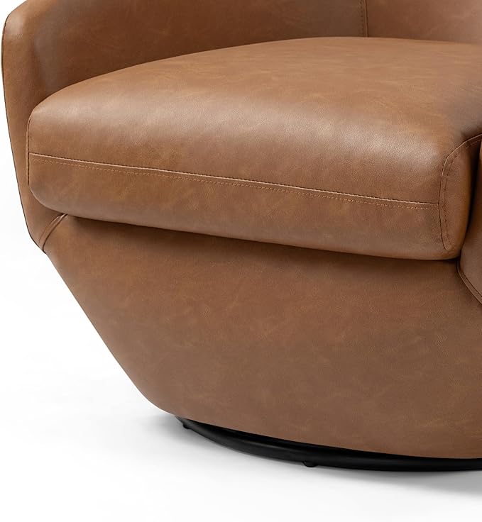 Swivel Barrel Accent Chair, Modern Round Faux Leather Arm Chair for Living Room, Bedroom, Comfy Club Reading Chairs for Adults(Faux Leather, Brown, Set of 2)