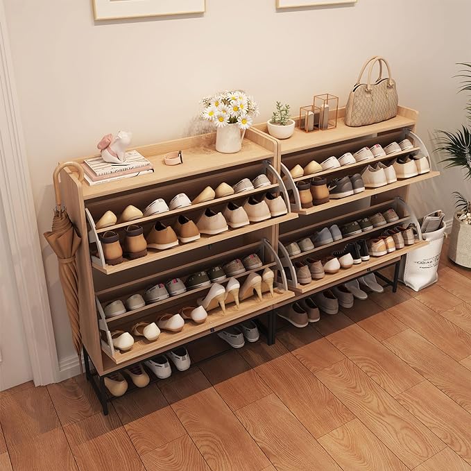 Narrow Shoe Storage Cabinet with 2 Flip Drawers, Freestanding Shoe Organizer Slim Shoe Cabinet Storage, Wooden Closed Shoe Rack for Entryway, Hallway, Living Room, Natural