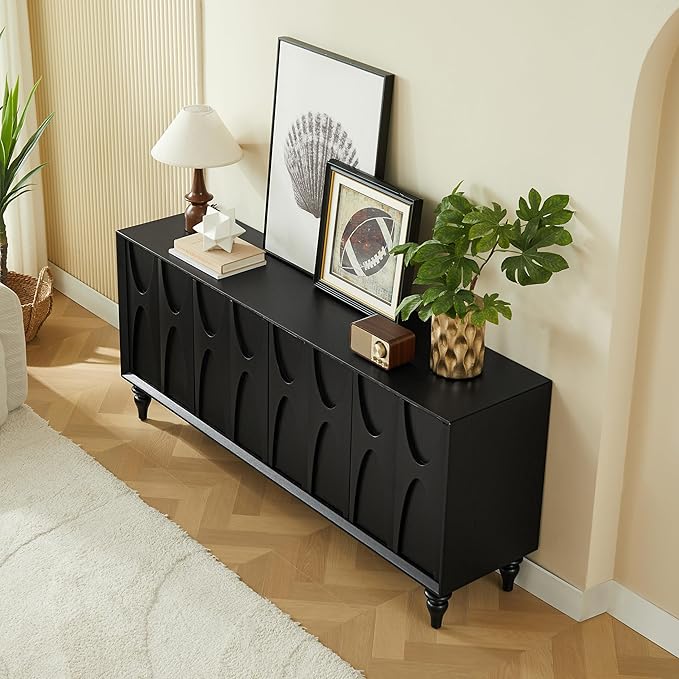 63" TV Stand with Storage, 4 Doors Modern Entertainment Center Sideboard Buffet Cabinet with Adjustable Shelves, TV Media Console Table for Living Room, Black