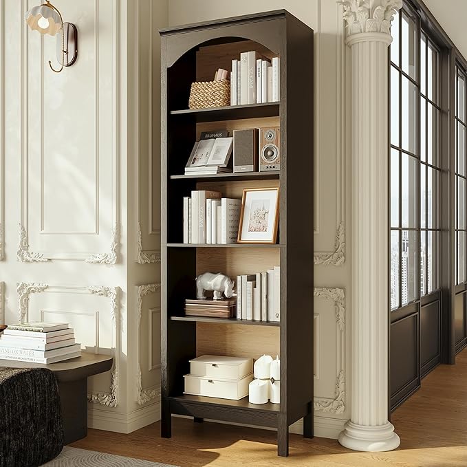 71" H Tall Bookshelf and Bookcase, Farmhouse Book Shelf with 5-Tier Open Shelves, Wooden Bookcase Freestanding Display Bookshelves for Bedroom, Living Room, Black