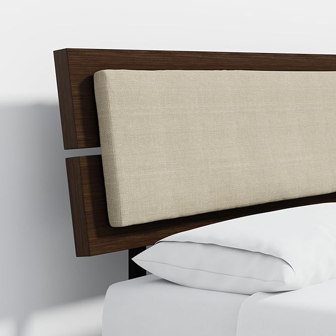 Modern Solid Wood Platform Bed with Adjustable Headboard with Cushion – No Box Spring Needed,Fast Assembly – Full Size in Walnut
