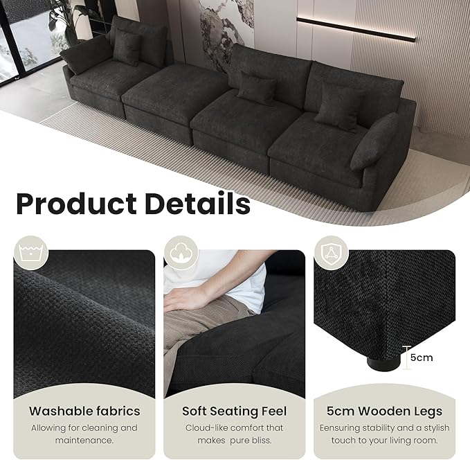 Cloud Couch Modular Sectional Sofa,160" U Shaped Couch, Convertible Wide Seater with Ottoman, 8 Seater for Living Room Set,Covers Washable&Replaceable,Black