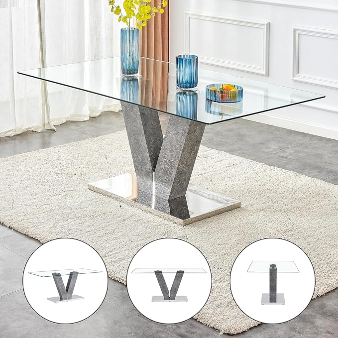 Glass Dining Table Set for 8,Modern Dining Room Table Set,Rectangular Transparent Glass Kitchen Table with 8 Black PU Leather Dining Chairs,Ideal for Kitchen Living Room