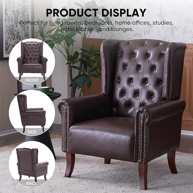 MOJAY Mid-Century Modern Living Room Chairs Set of 2, Upholstered Faux Leather Accent Chairs Club Arm Chair, Single Sofa Chair with Solid Wooden Legs for Bedroom Study Home Office Lounges(Caramel)