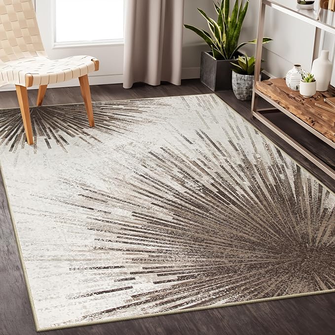 Lahome Modern Carpets for Living Room - Machine Washable Area Rugs 5x7 Throw Non-Slip Soft Carpet for Bedroom, Abstract Print Ultra-Thin Indoor Rug for Dining Room Office Home (Brown/Gray, 5'x7')