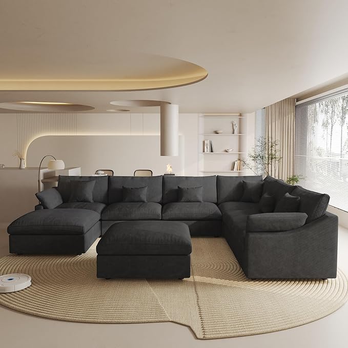 Cloud Couch Modular Sectional Sofa,160" U Shaped Couch, Convertible Wide Seater with Ottoman, 8 Seater for Living Room Set,Covers Washable&Replaceable,Black