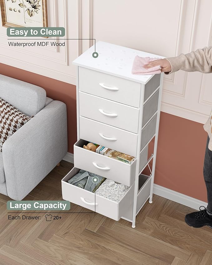 Crestlive Products Tall Dresser for Bedroom Vertical Storage Tower - Sturdy Steel Frame, Wood Top, Easy Pull Fabric Bins, Handles - Organizer Unit for Hallway, Entryway, Closets - 6 Drawers (White)