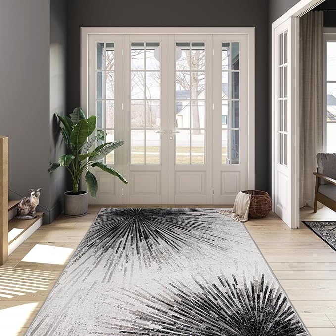 Lahome Modern Black 9x12 Rug for Living Room, Large Washable Area Rug Non-Slip Ultra-Thin Stain Resistant Rugs for Dining Room Table, Abstract Print Indoor Soft Rug for Bedroom Office (Black, 9'x12')