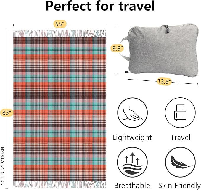 Holiday Plaid Throw Blanket for Couch,100% Wool Throw Blanket for Home Decor, Soft Lightweight Cozy All Season Decorative Vintage Blankets for Travel,Bed, Sofa, Chair, Outdoor 55"x83"/1.5LBS