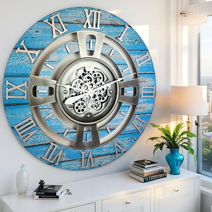 The Gears Clock Real Moving Gear Wall Clock England Line (Ocean Blue, 36 inches (90 cm))