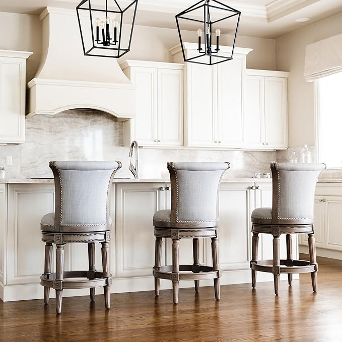 Maven Lane Pullman Counter Stool 26 Inches – Set of 4 – Swivel Stools with Footrest – Grey Solid Wood Frame & Grey Fabric Upholstery – Perfect for Kitchen Islands & Counters